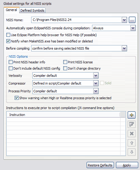 EclipseNSIS Preferences General Tab