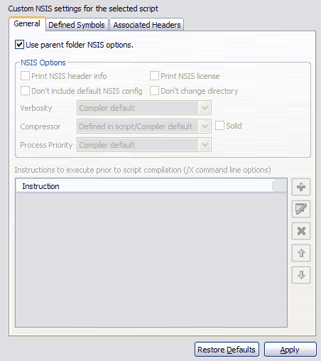 EclipseNSIS Script Properties page